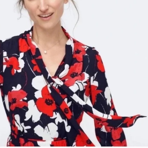 J. Crew Tie Neck Navy Poppy Floral Print Pleated A-Line Midi Dress - Picture 3 of 7